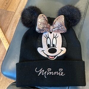 NWOT H&M Minnie Mouse Knit Beanie Pink Sequence Bow & Pom Pom Ears Girls 7/12‎